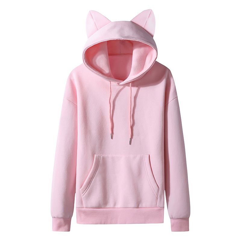 Women Casual Solid Color Fleece-Lined Cat Ear Design Custom Hoodie