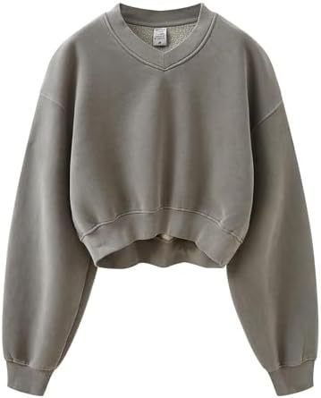 Autumn And Winter Vintage Washed Fleece-Lined V-Neck Sweatshirt Women Top Custom