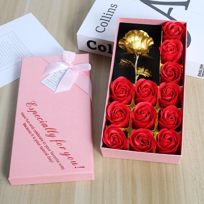 Valentine'S Day Simulation Flower 12 Gold Foil Soap Rose Small Gift Box