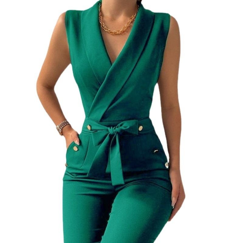 Summer Women Casual V-Neck Sleeveless Lace-Up Slim Fit Jumpsuits