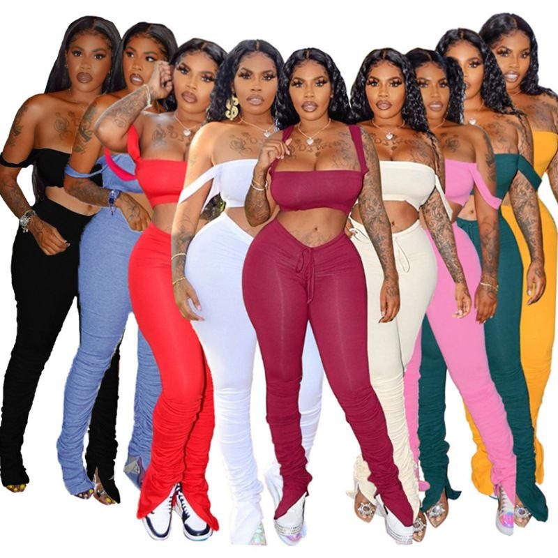 Women Sexy Night Out Sleeveless Solid Color Crop Tank Top And Drawstring Waist Side-slit Pants Set