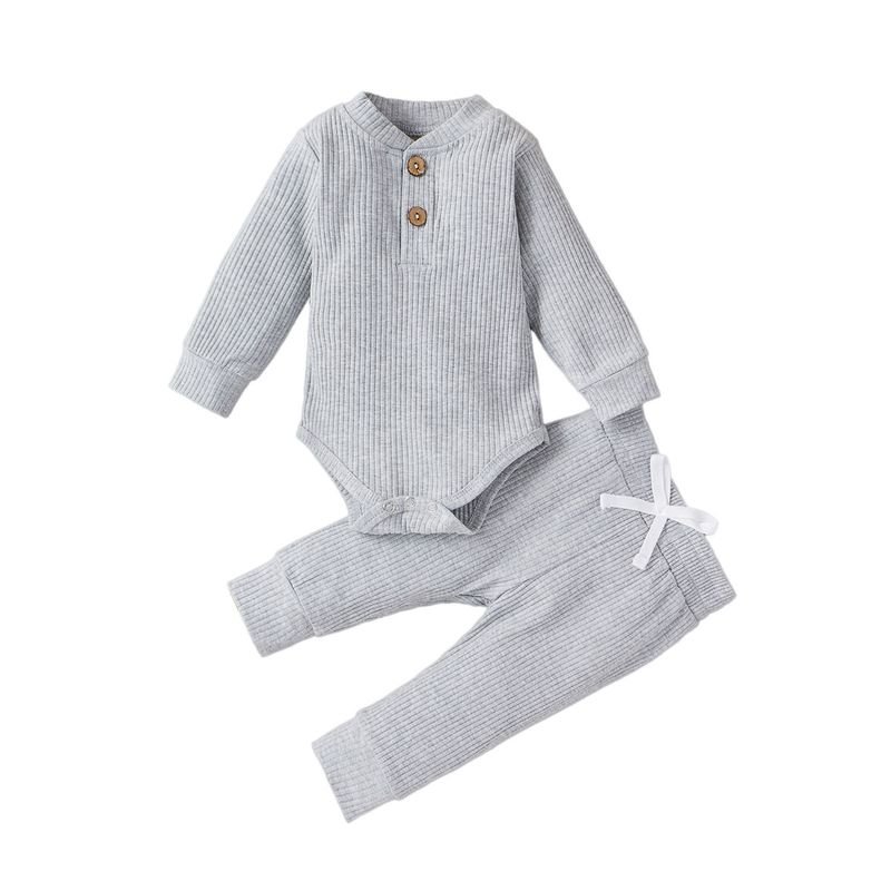 Kids Baby Boys Girls Casual Cute Solid Color Rib-Knit Long-Sleeved Romper Trousers Sets