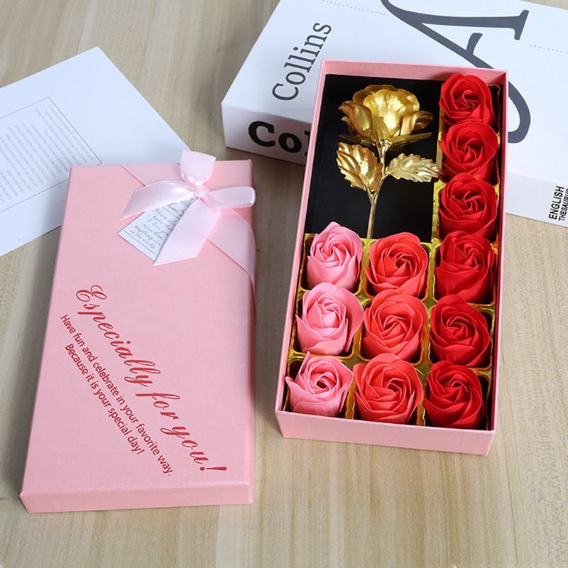 Valentine'S Day Simulation Flower 12 Gold Foil Soap Rose Small Gift Box