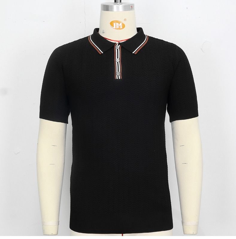 Men Fashion Casual Business Stripe Knitted Short Sleeve Lapel POLO Shirt