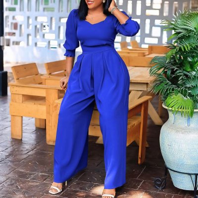 Women Fashion Casual Solid Color Long Sleeve Loose Wide Leg Jumpsuits