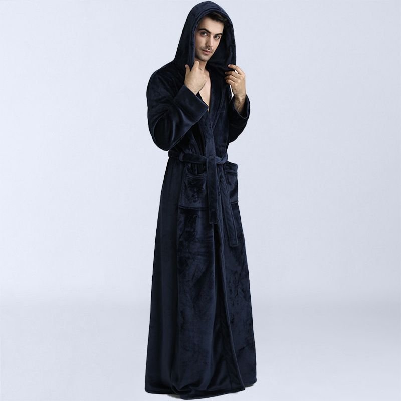 Men Winter Fashion Casual Home Solid Color Flannel Lapel Long Sleeve Hooded Robes Sleepwear