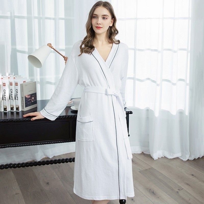 Couples Spring Autumn Fashion Casual Home Solid Color Waffle V Neck Long Sleeve Robes Sleepwear