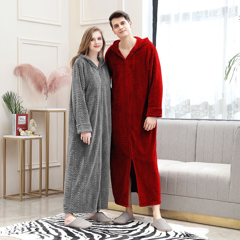 Couples Winter Fashion Casual Home Solid Color Rib-Knit Flannel Hooded Long Sleeve Zipper Robes Sleepwear