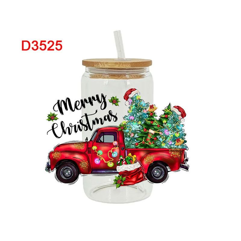 Cartoon Cute Christmas Truck Faceless Old Man UV Transfer Glass Crystal Sticker