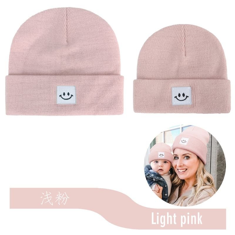 Autumn Winter Simple Solid Color Smiley Label Warm Knitted Parent-Child Wool Hat Set