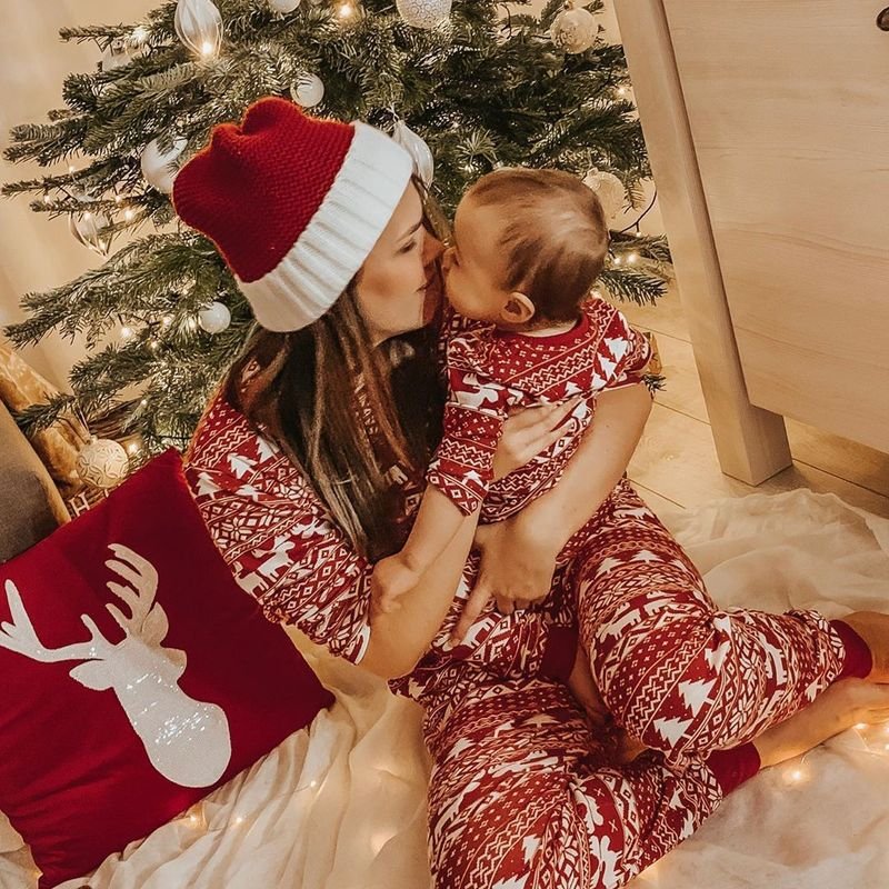 Fashion Cartoon Christmas Tree Printing Round Neck Long Sleeve Home Parent-Child Pajamas Set