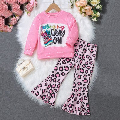 Kids Toddler Girls Casual Cute Alphabet Print Long Sleeve Sweatshirts Leopard Flare Trousers Sets