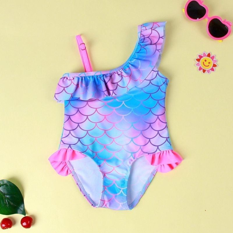 Kids Baby Girls Casual Cute Fish Scale Print One-Shoulder One Piece Swimwear