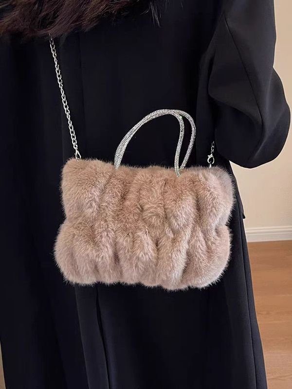 Autumn Winter Women Fashion Solid Color Plush Chain Handle Shoulder Bag