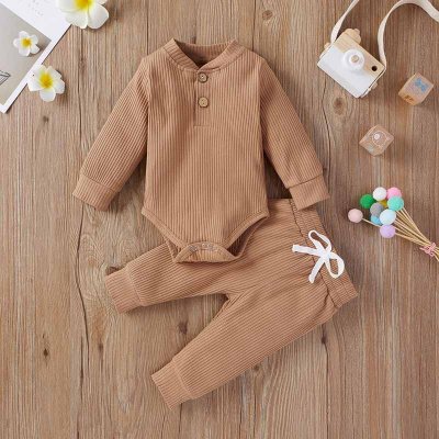 Kids Baby Boys Girls Casual Cute Solid Color Rib-Knit Long-Sleeved Romper Trousers Sets