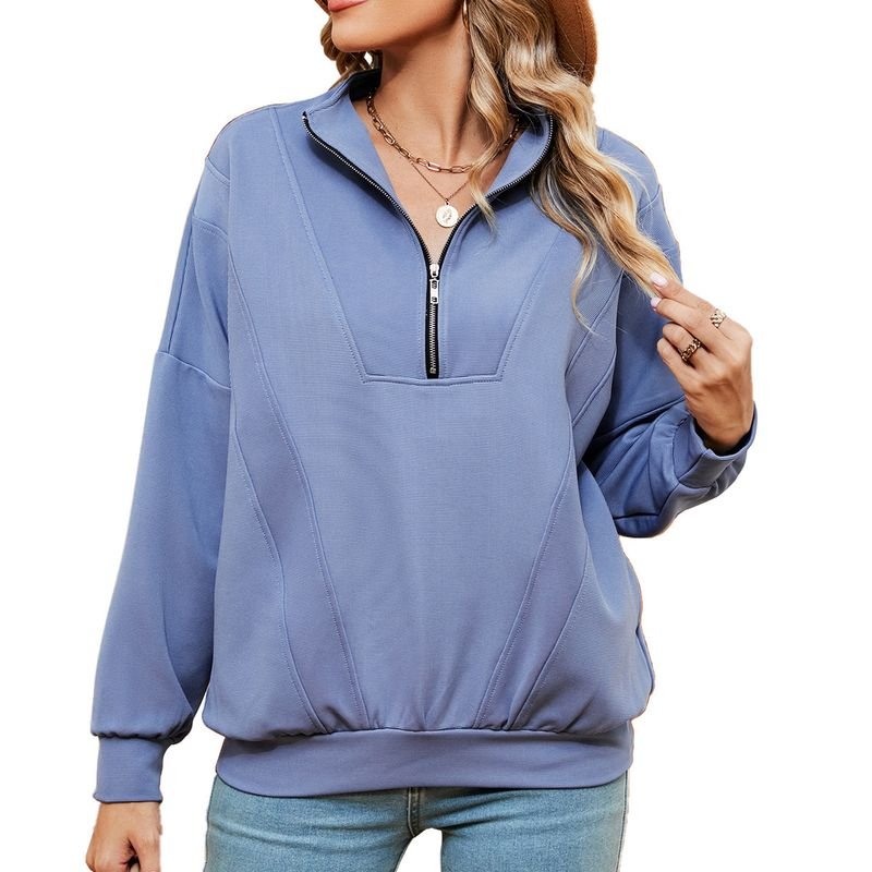 Autumn Winter Women Casual Solid Color Zipper Long Sleeve Blank Sweatshirt