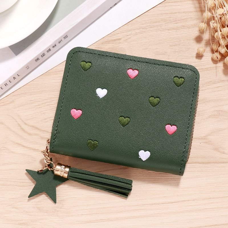 Women Fashion Casual Heart Pattern PU Zipper Wallets