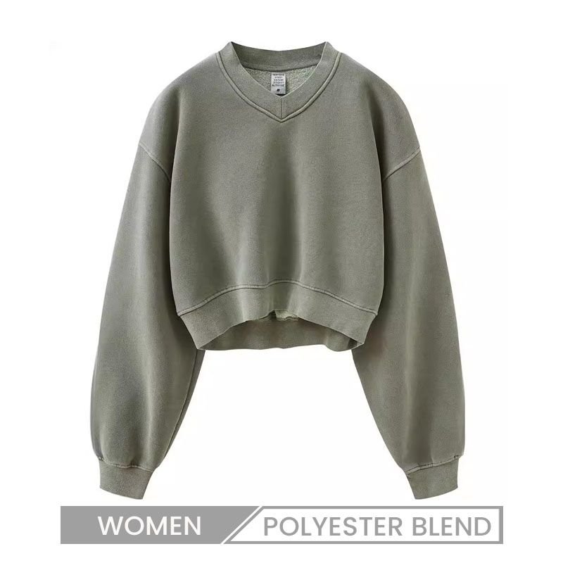 Autumn And Winter Vintage Washed Fleece-Lined V-Neck Sweatshirt Women Top Custom