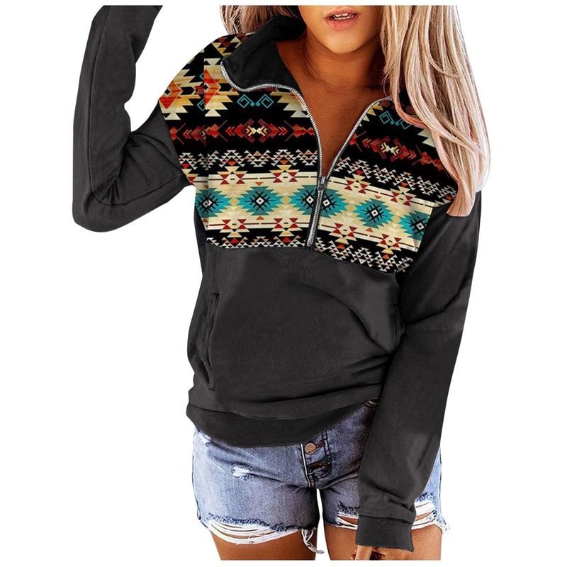 Women Fashion Geometric Print Half Zip Long Sleeve Sweatshirt