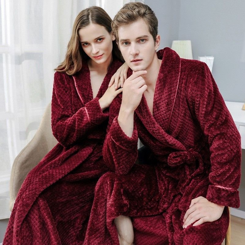 Couples Winter Fashion Casual Home Solid Color Flannel Lapel Long Sleeve Robes Sleepwear