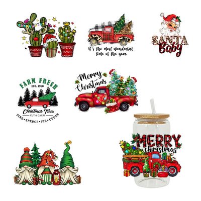 Cartoon Cute Christmas Truck Faceless Old Man UV Transfer Glass Crystal Sticker