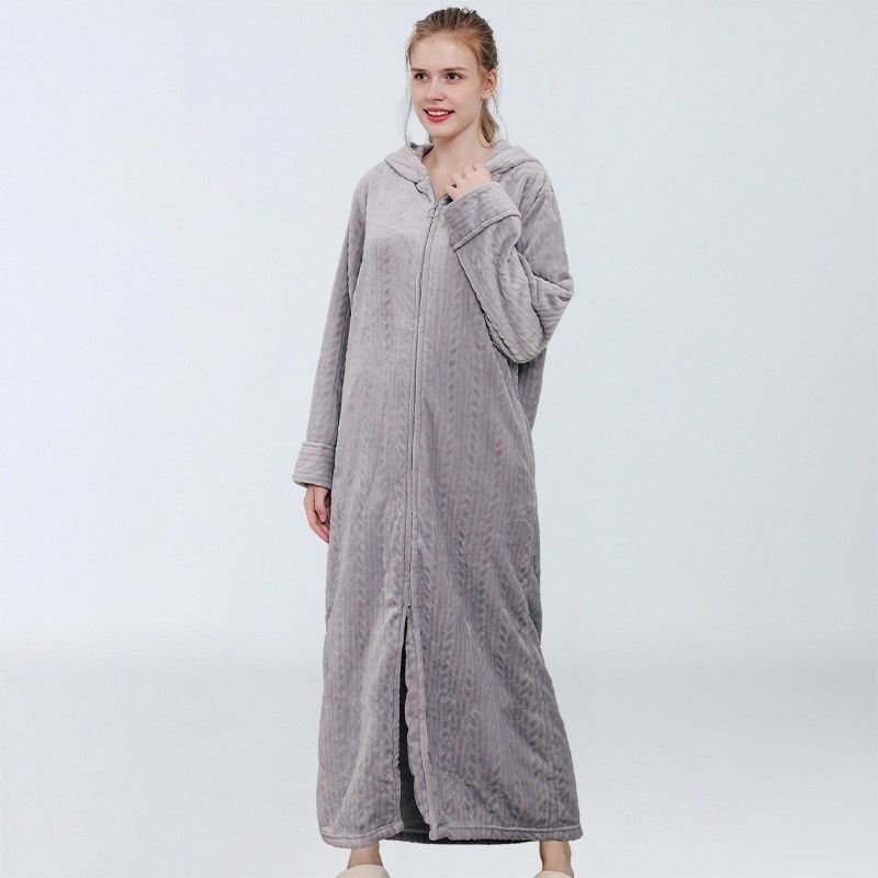 Couples Winter Fashion Casual Home Solid Color Rib-Knit Flannel Hooded Long Sleeve Zipper Robes Sleepwear