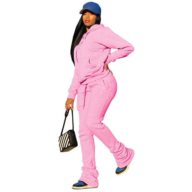 Women Fashion Solid Color Fleece-Lined Long Sleeve Hooded Sweat Drawstring Pants Two-Piece Set