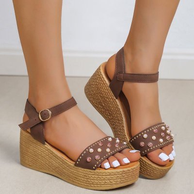 Women Summer Fashion Plus Size Pearl Embellished Platform Wedge Heel Sandals