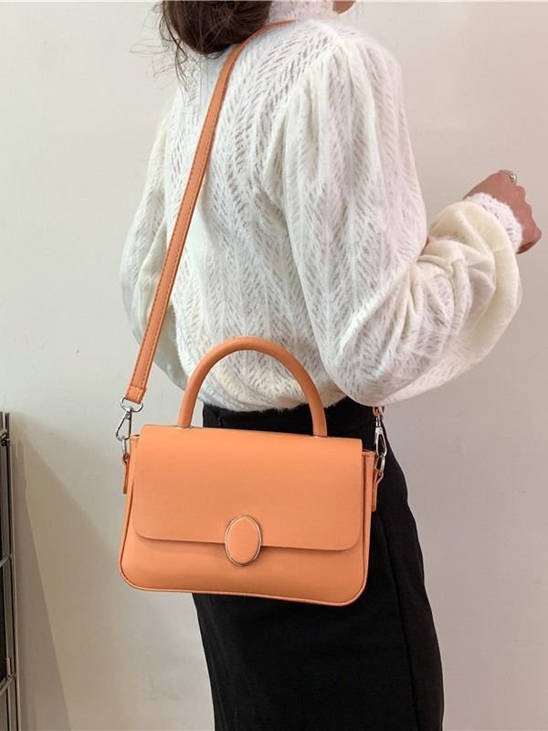 Women Simple Solid Color Square Flap Handle Shoulder Bag