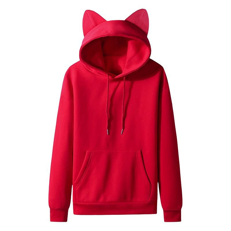 Women Casual Solid Color Fleece-Lined Cat Ear Design Custom Hoodie