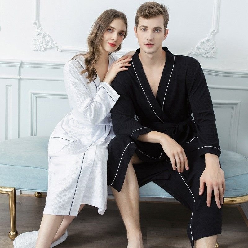 Couples Spring Autumn Fashion Casual Home Solid Color Waffle V Neck Long Sleeve Robes Sleepwear