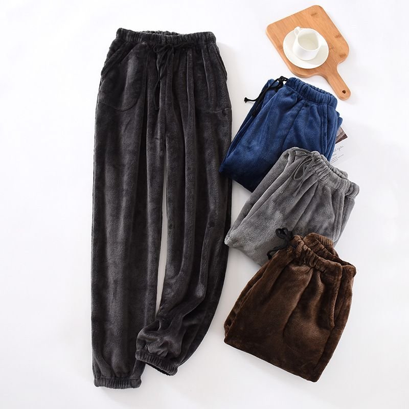 Men Autumn Winter Casual House Pajamas Solid Color Flannel Trousers