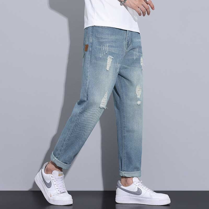 Men Fashion Casual Basic Plus Size Straight Ripped Jeans