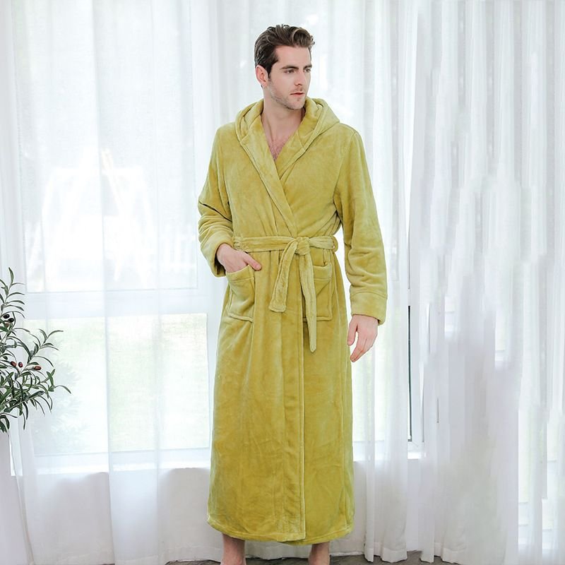 Men Winter Fashion Casual Home Solid Color Flannel Lapel Long Sleeve Hooded Robes Sleepwear