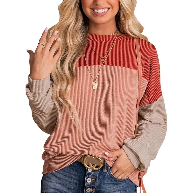 Women Fashion Casual Stripe Color Matching Round Neck Long Sleeve Sweatshirt