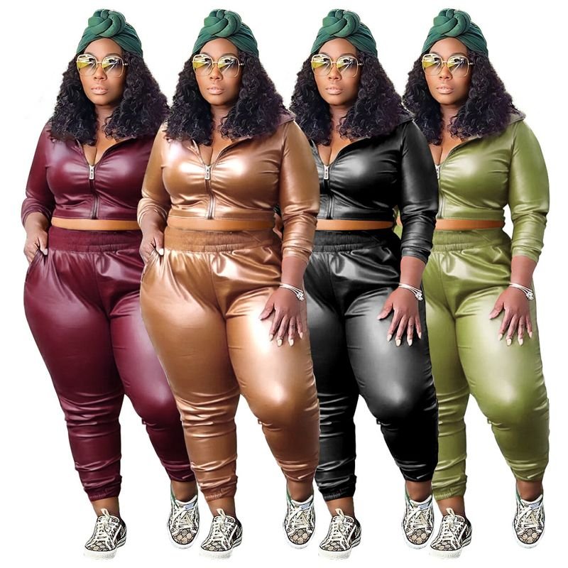 Women Fashion Casual Solid Color Plus Size PU Long Sleeve Zipper Top Pants Two-Piece Set