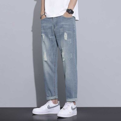 Men Fashion Casual Basic Plus Size Straight Ripped Jeans