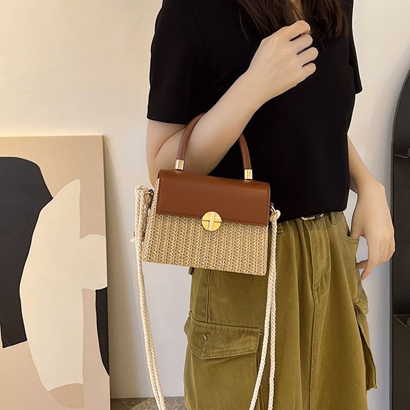 Summer Women Simple Square Straw Woven Flap-On Hemp Rope Handle Shoulder Bag