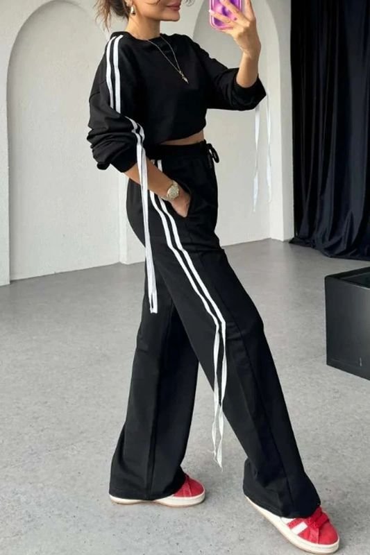 Plus Size Autumn And Winter Women Athleisure Contrast Color Ribbon Stripe Pullover Sweatshirt Pants Set