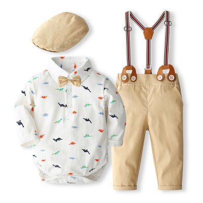 Kids Baby Boys Party Casual British Style Dinosaur Print Long Sleeve Romper Suspender Pants Sets