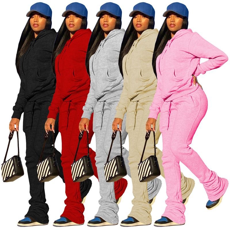 Women Fashion Solid Color Fleece-Lined Long Sleeve Hooded Sweat Drawstring Pants Two-Piece Set