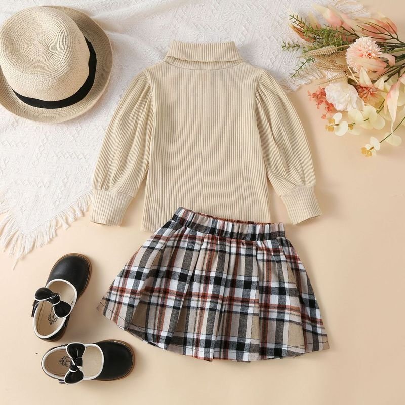 Kids Toddler Girls Fashion Casual Solid Color Rib-Knit Long-Sleeved Turtle Neck Top Plaid Skirt Sets