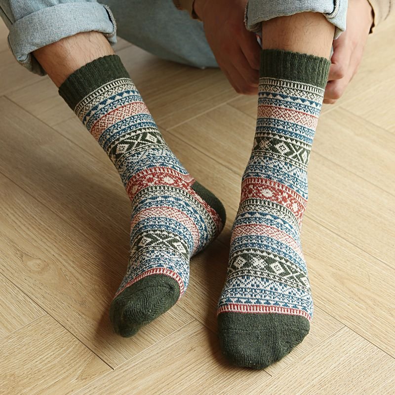 Autumn Winter Men Retro Ethnic Style Diamond Corrugated Thick Warm Socks