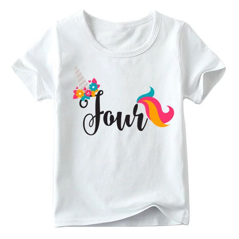 Kids Cute Cartoon Unicorn Number Pattern Round Neck Short Sleeve Birthday Loose T-shirt