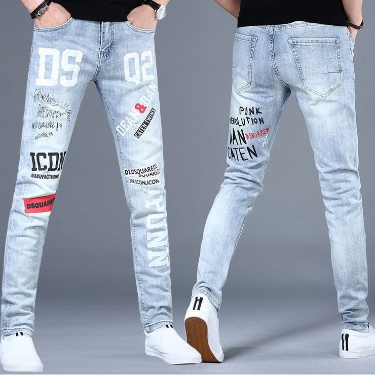 Men Casual Printed Solid Color Slight-Elasticity Skinny Jeans