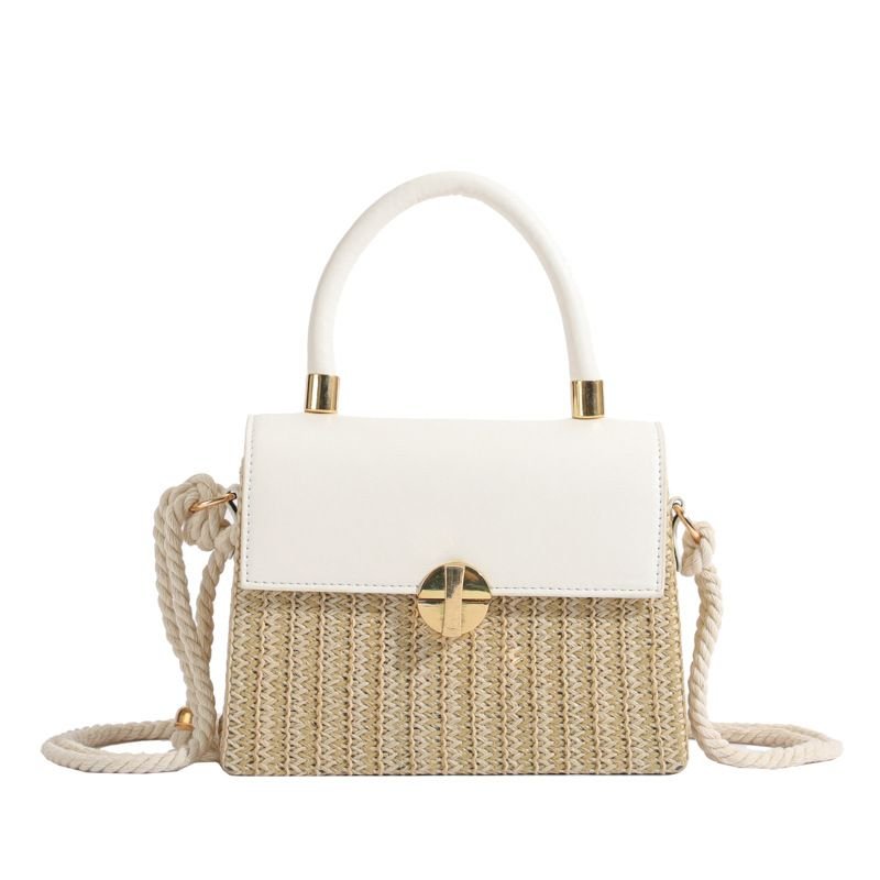 Summer Women Simple Square Straw Woven Flap-On Hemp Rope Handle Shoulder Bag