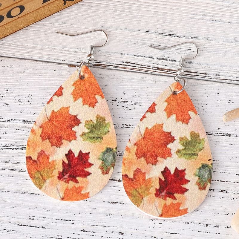 Autumn Thanksgiving Maple Leaf Pendant Pu Leather Earrings