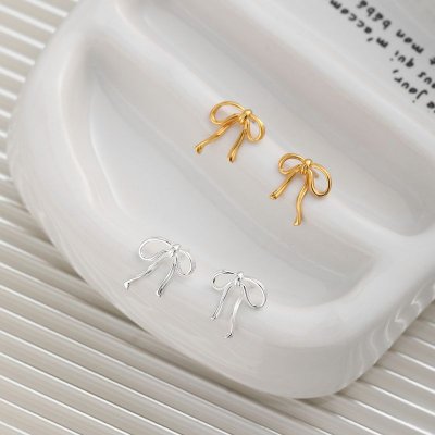 Women Simple Sterling Silver Bow Stud Earrings