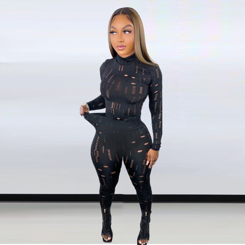 Women Sexy Ripped Turtle Neck Long-Sleeved Solid Color Top And Hollow Out Skinny Pants Set