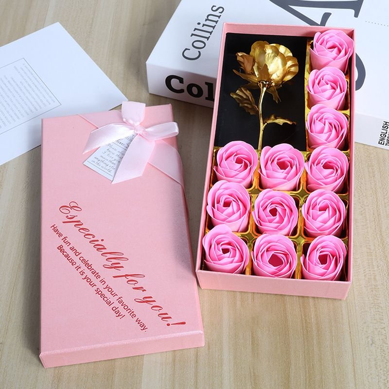 Valentine'S Day Simulation Flower 12 Gold Foil Soap Rose Small Gift Box